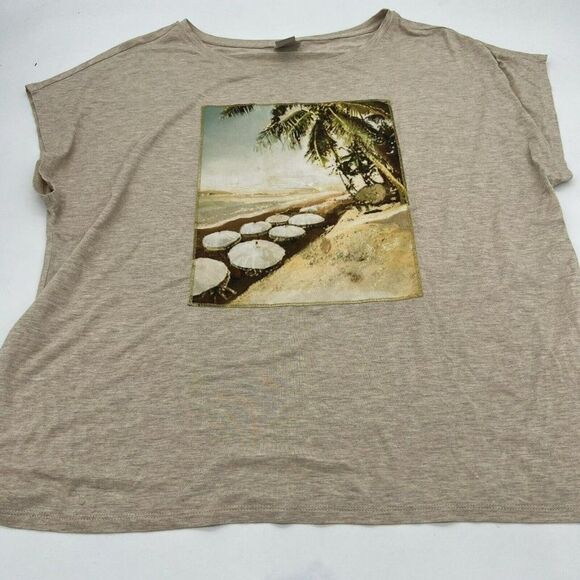 Chicos Top Womens XL Beach Coastal Metallic Tan Palm Tree Short Sleeve - Picture 1 of 4